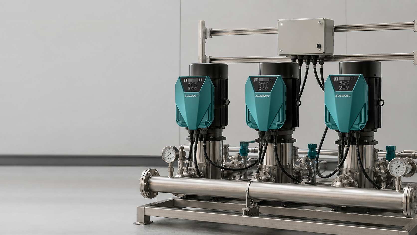 AUSENIST decentralized motor-mounted VFDs on a packaged water pump skid