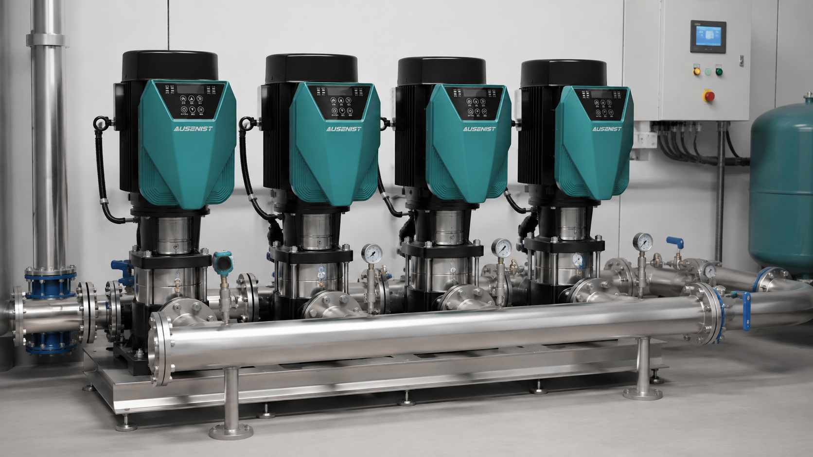 Four-pump AUSENIST VFD system with automatic rotation and fault-skip logic
