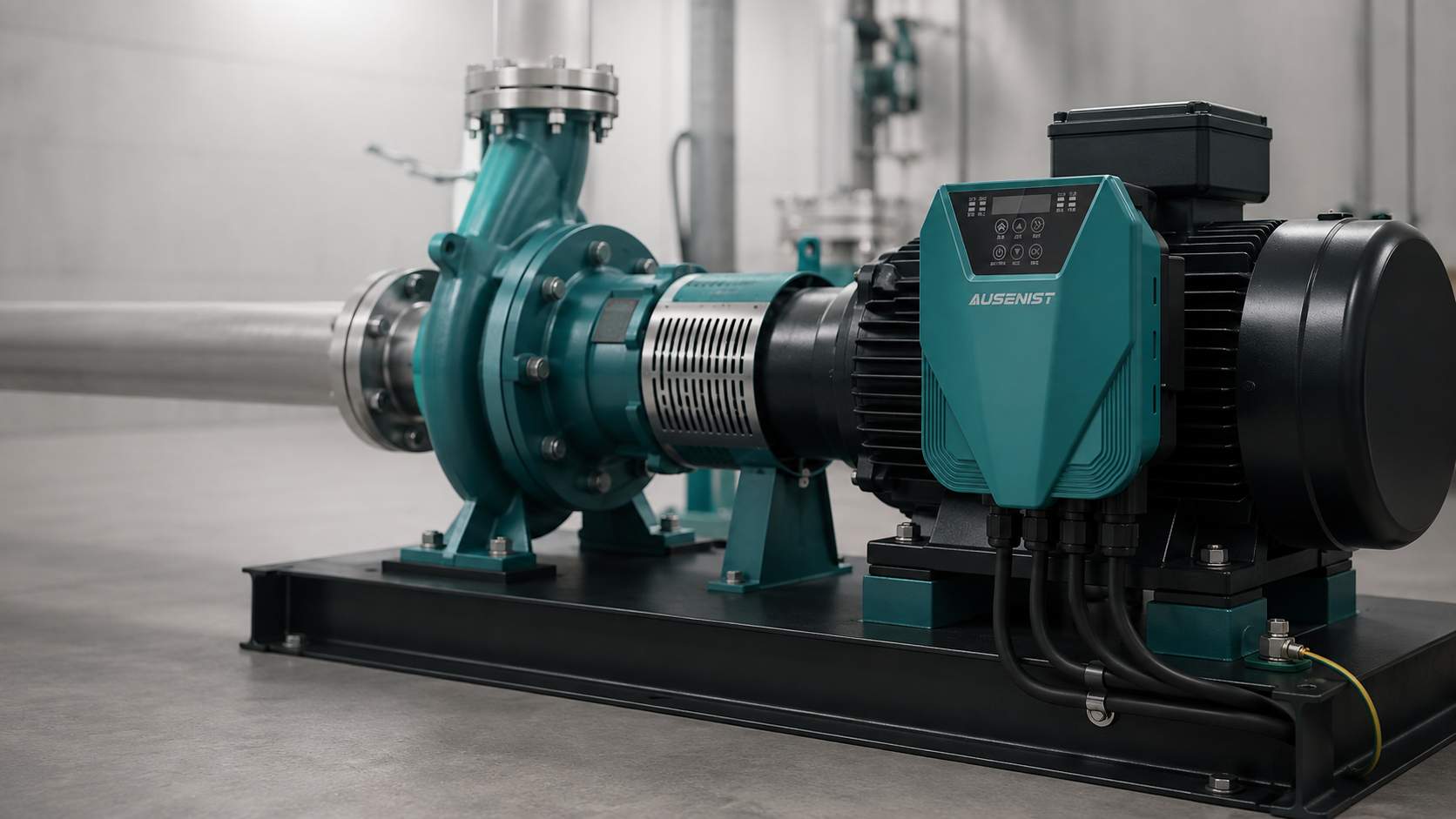 AUSENIST IP54 motor-mounted VFD on a horizontal end-suction pump skid