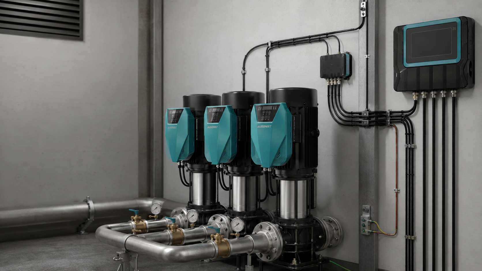 Three-pump AUSENIST VFD system connected for Modbus RTU remote monitoring