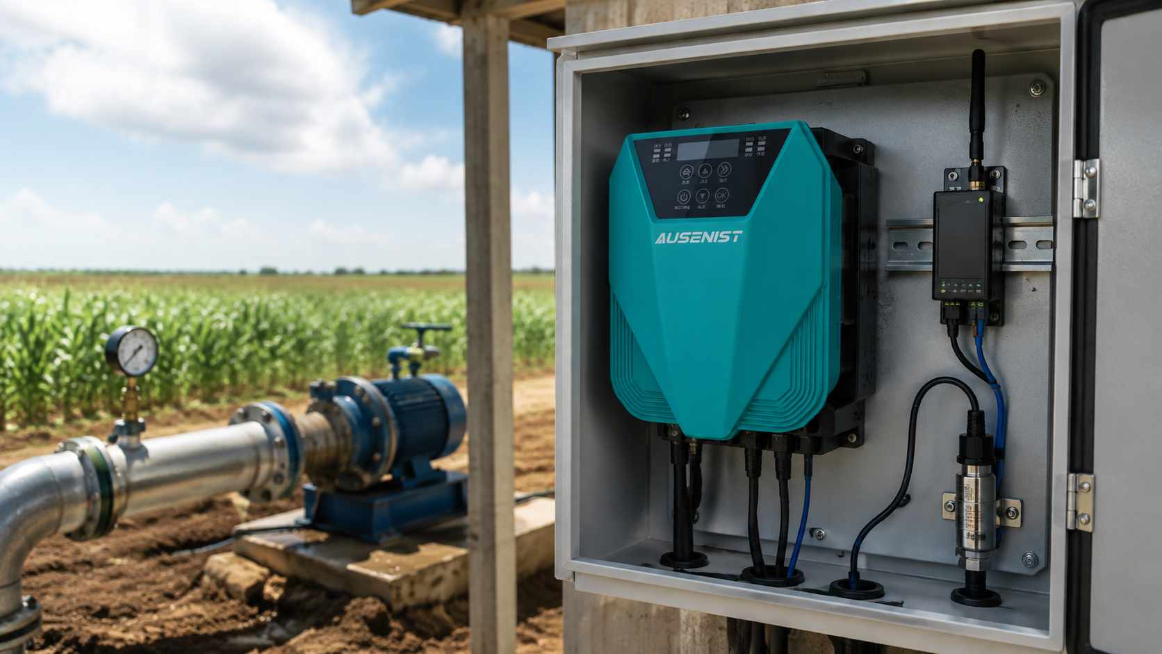 AUSENIST water pump VFD connected to an external 4G monitoring gateway